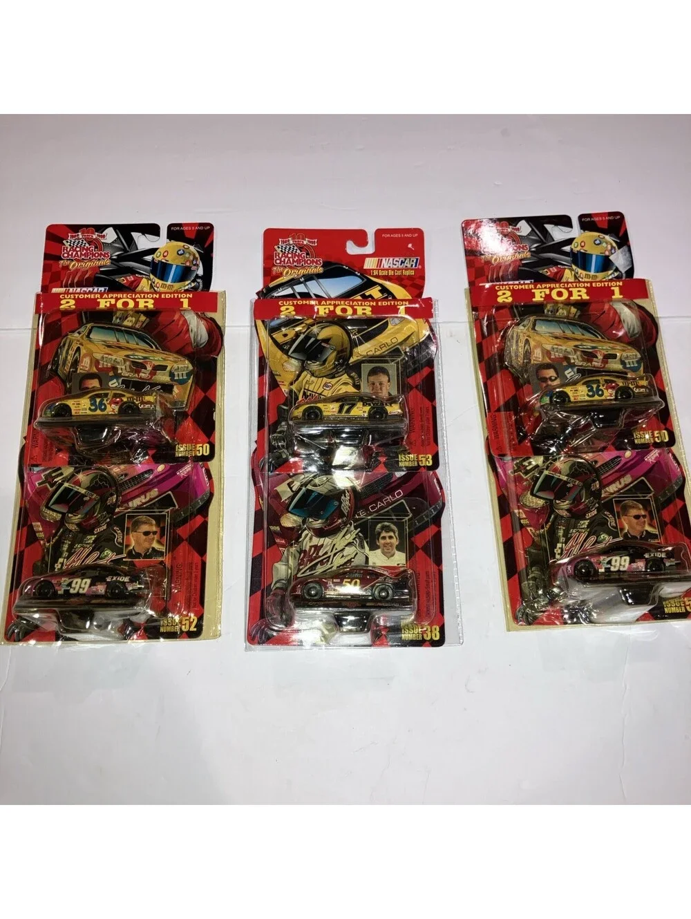 LOT OF 3 VINTAGE 1999 NASCAR Racing Champions 2 for 1 Packs 1/64 Die Cast NEW